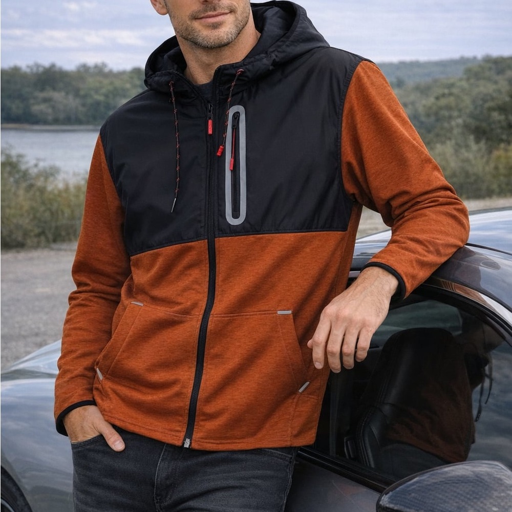 Old Navy Active Men's Black and Orange Hooded Windbreaker